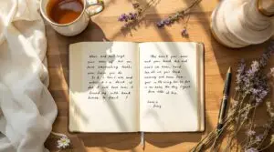 Open journal with handwritten emotional journaling entries on cream pages, surrounded by fountain pen, herbal tea, and lavender sprigs on wooden desk in soft morning light.