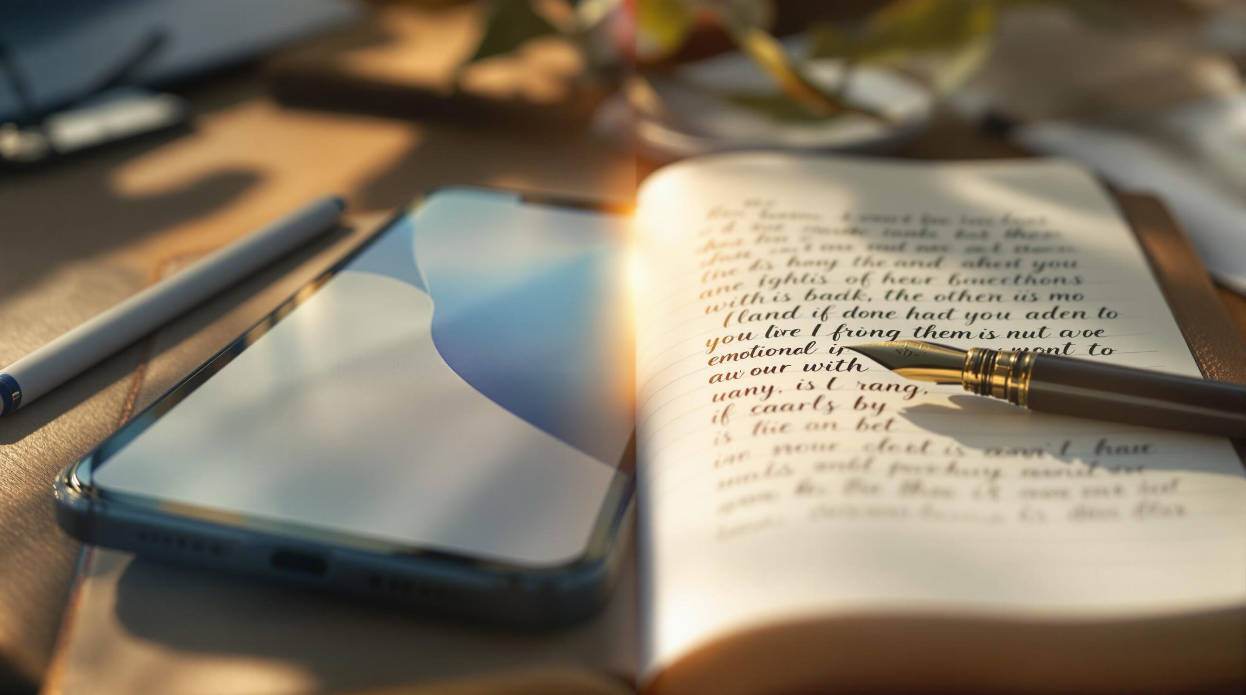 Split-screen comparison of digital and handwritten emotional journaling methods, showing a modern tablet app interface on the left and an open leather journal with fountain pen on the right.