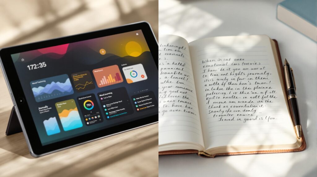 Split-screen comparison of digital emotional journaling on tablet with mood tracking app versus traditional handwritten emotional journaling in leather-bound journal with fountain pen