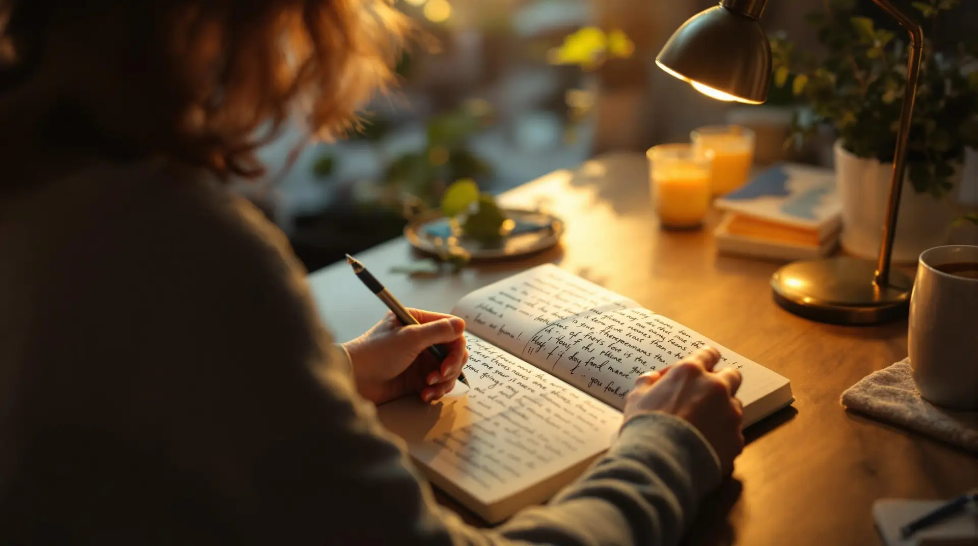 Person writing in journal at peaceful desk setting with warm lighting