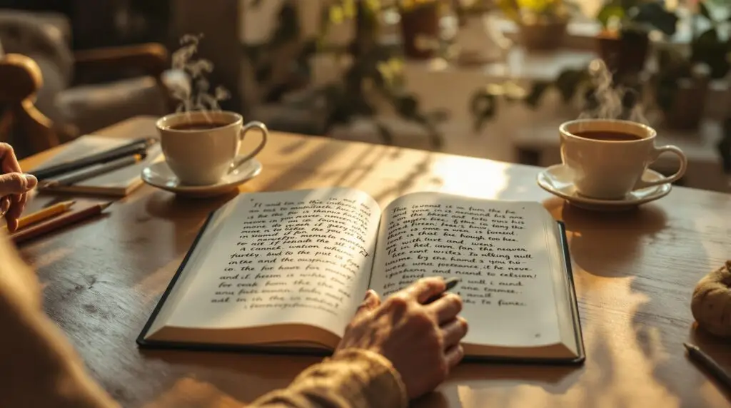 Hands writing in journal on wooden desk with tea and natural lighting, depicting emotional journaling for self-reflection and healing.