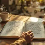 Hands writing in journal on wooden desk with tea and natural lighting, depicting emotional journaling for self-reflection and healing.