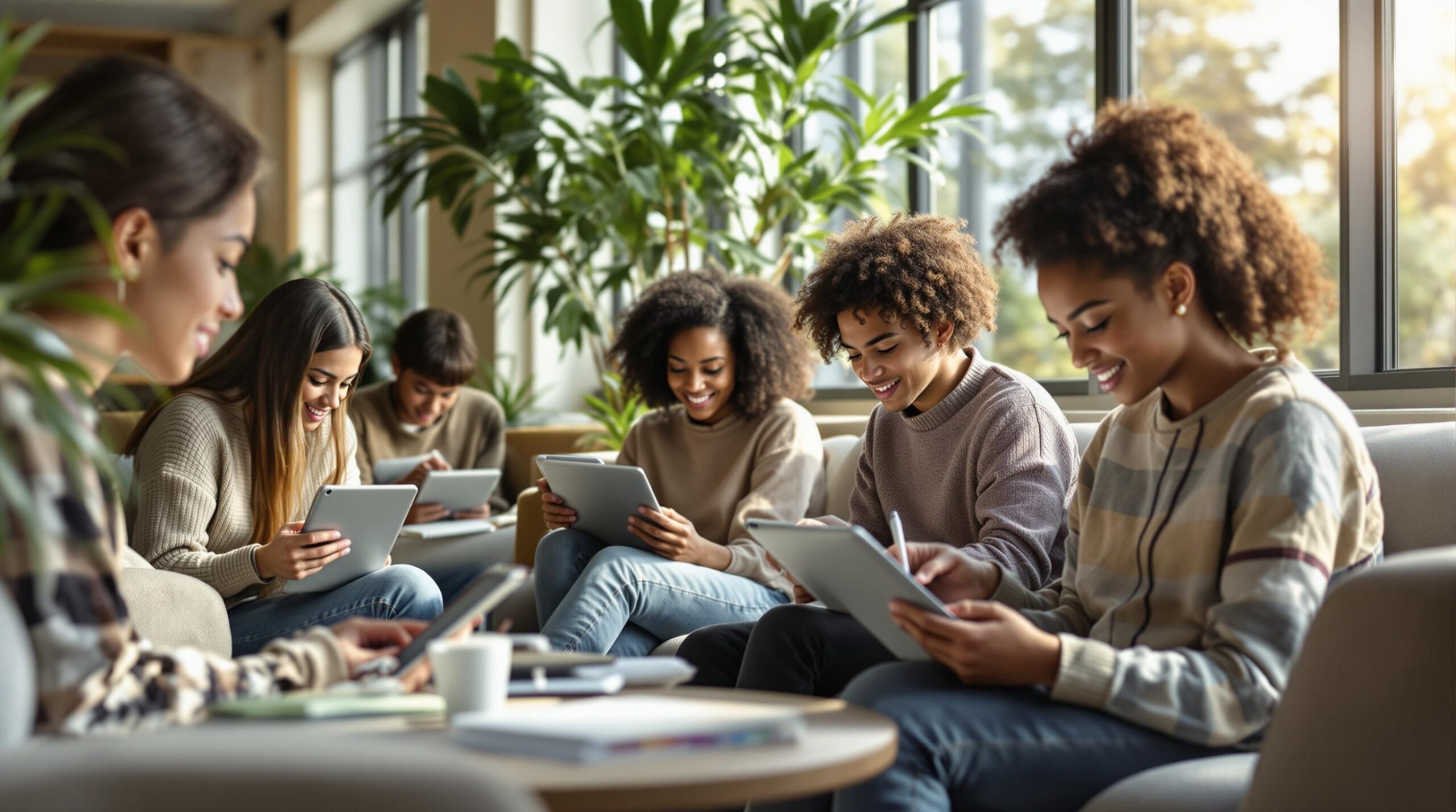 Diverse teenage students engaged in emotional journaling using digital devices in a modern high school library with natural lighting and comfortable seating areas.