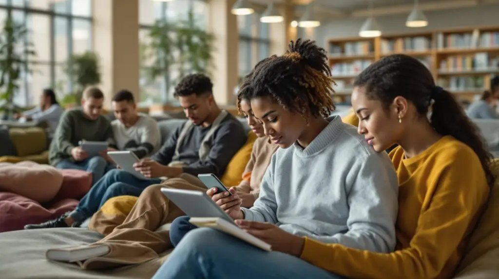 Diverse teenagers engaged in emotional journaling using tablets, smartphones, and notebooks in a modern high school library with natural lighting and comfortable seating areas.