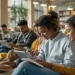 Diverse teenagers engaged in emotional journaling using tablets, smartphones, and notebooks in a modern high school library with natural lighting and comfortable seating areas.