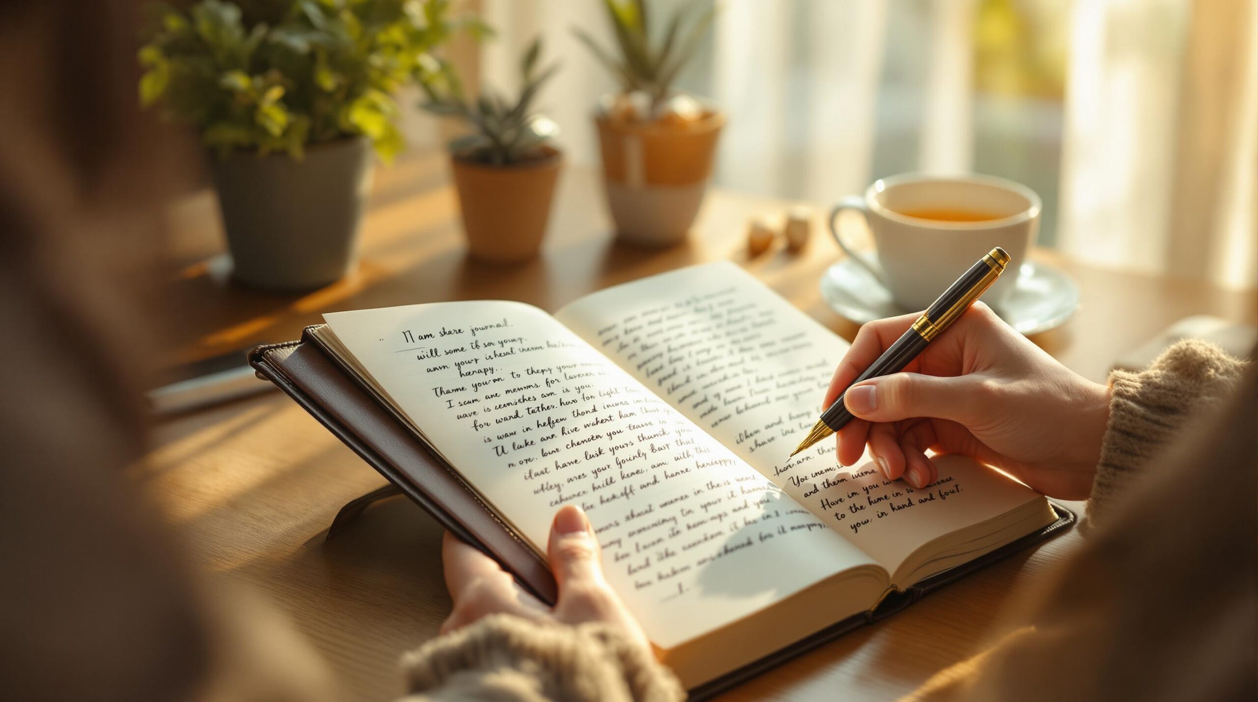 Emotional journaling setup with leather journal and fountain pen