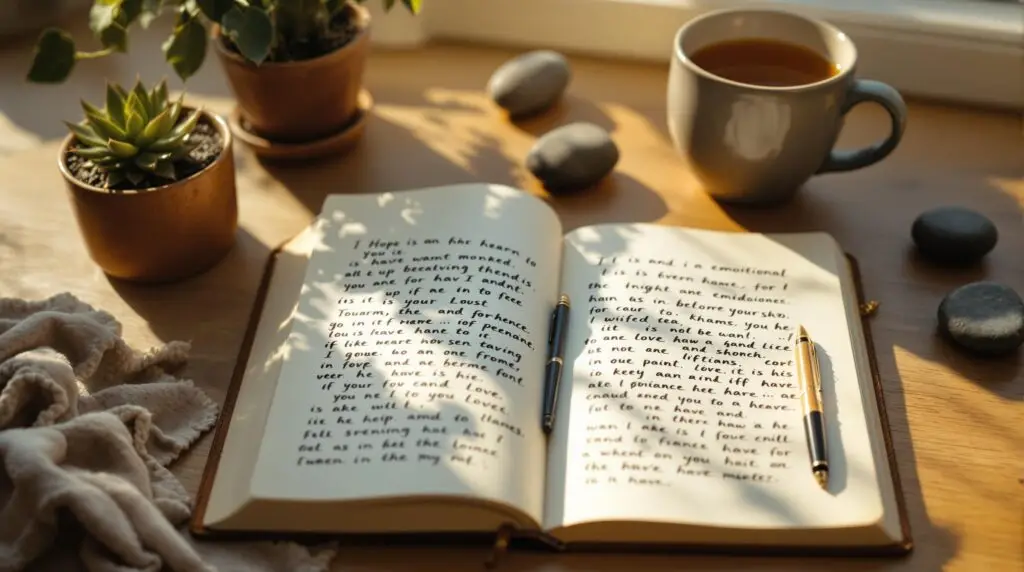 Open leather journal with fountain pen on wooden desk surrounded by healing elements like succulent plant, tea cup, and river stones, creating a peaceful emotional journaling setup in warm natural light.