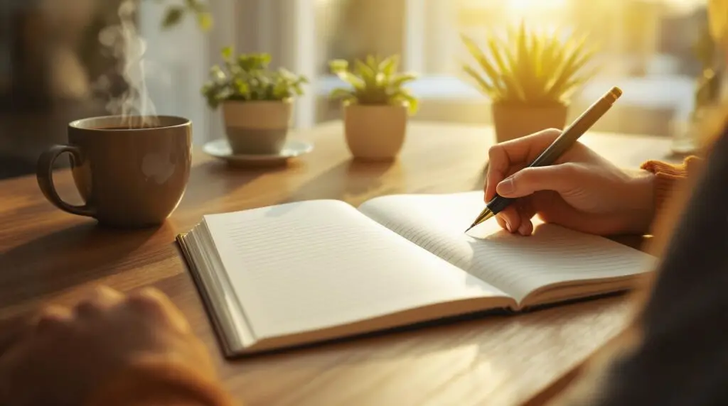 Person engaged in gratitude journaling at wooden desk with fountain pen, coffee cup, and plant in warm morning light streaming through window.