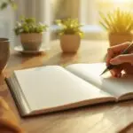 Person engaged in gratitude journaling at wooden desk with fountain pen, coffee cup, and plant in warm morning light streaming through window.