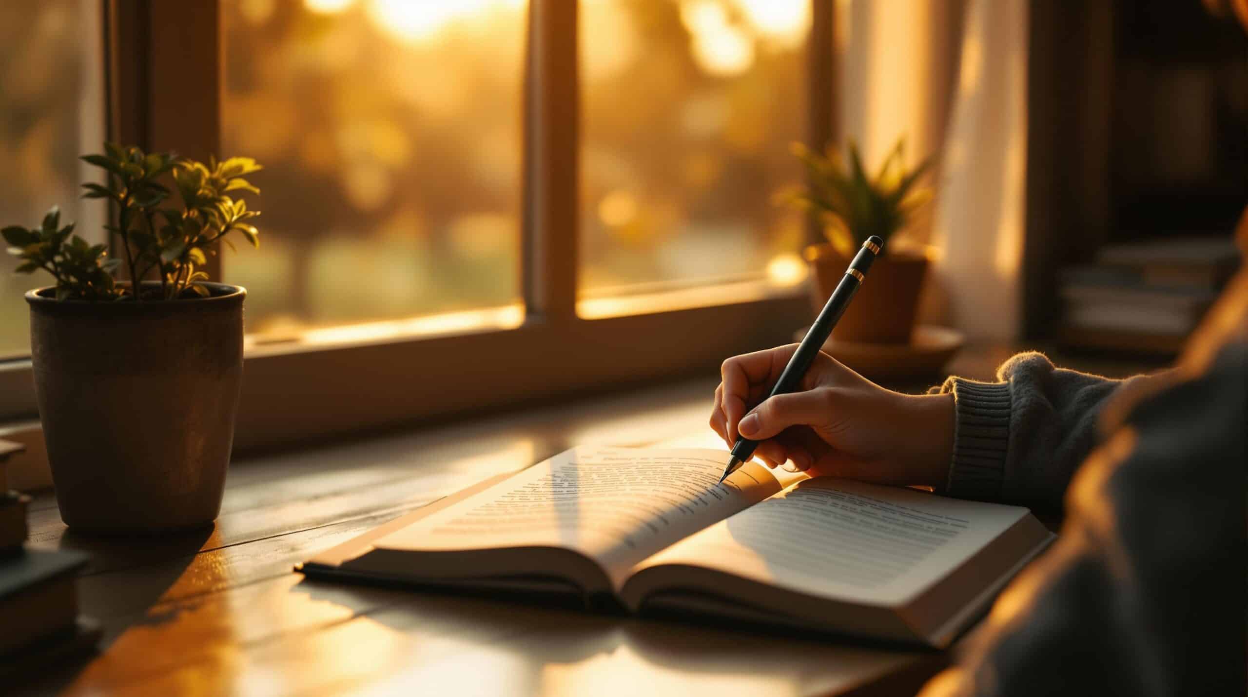 Person engaged in gratitude journaling at wooden desk by window during golden hour, writing in open journal with warm sunlight streaming across pages, creating peaceful atmosphere of contemplation and hope.