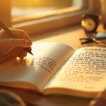 Person writing in gratitude journal at wooden desk by window with warm golden hour sunlight streaming across pages, creating peaceful atmosphere for reflection and mindfulness practice.
