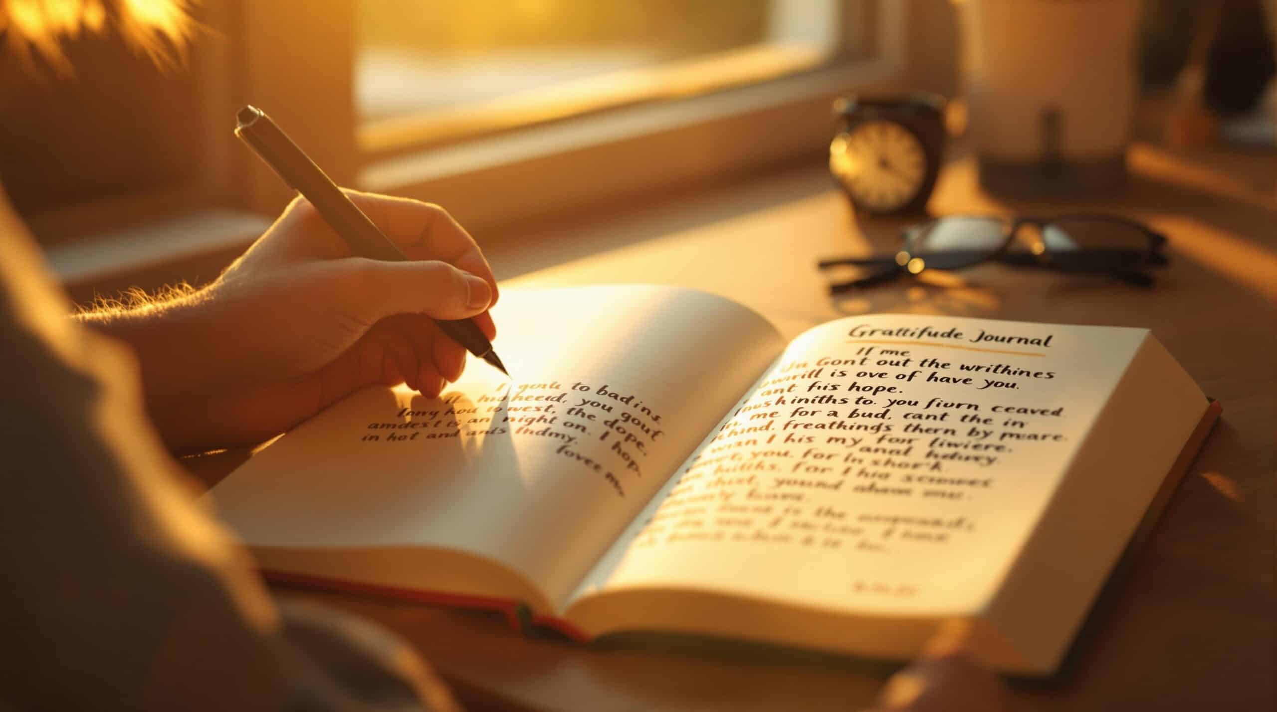 Person writing in gratitude journal at wooden desk by window with warm golden hour sunlight streaming across pages, creating peaceful atmosphere for reflection and mindfulness practice.