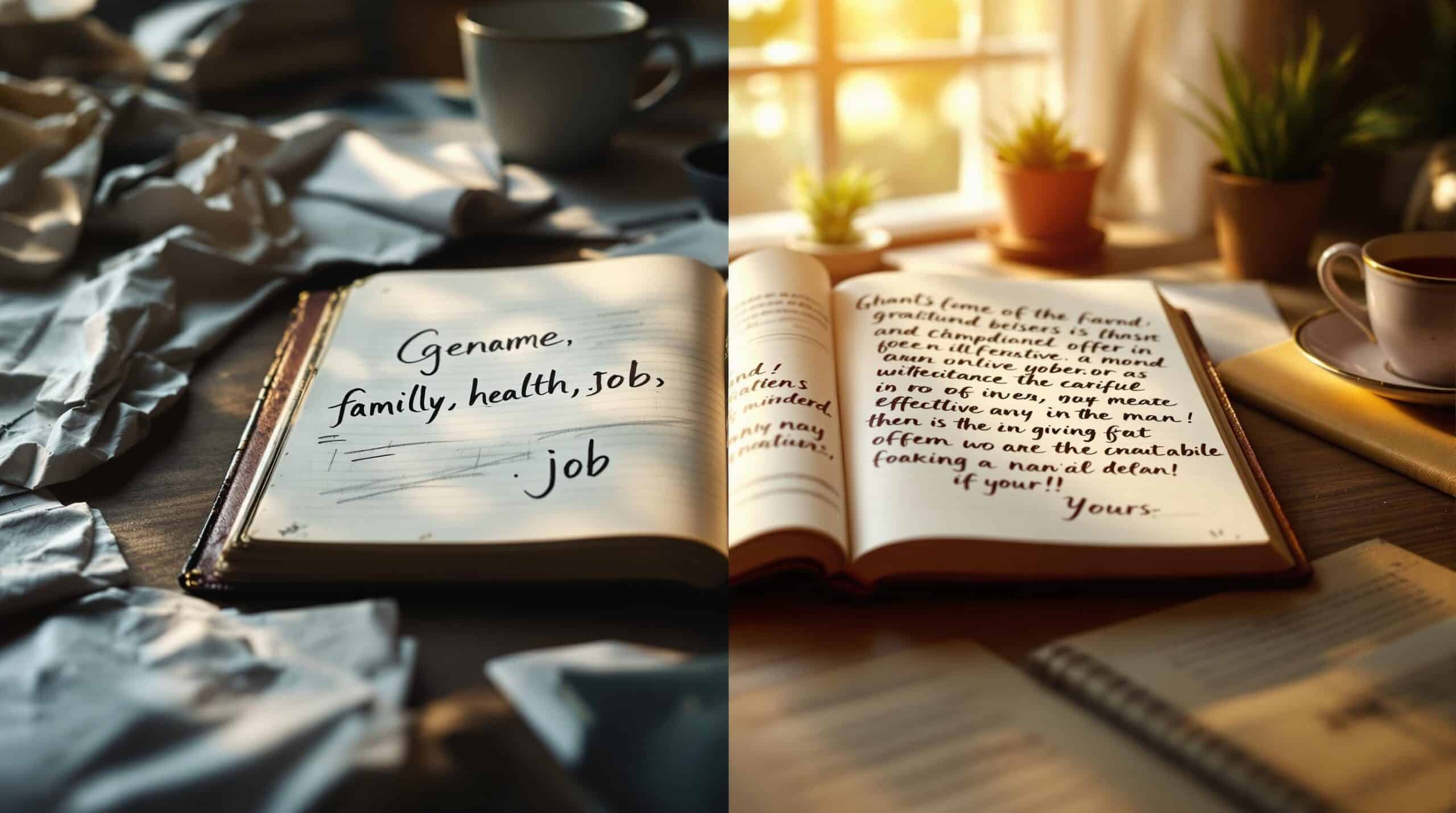 Split-screen comparison of ineffective versus effective gratitude journaling practices, showing cluttered desk with generic entries on left contrasted with peaceful workspace featuring detailed, heartfelt gratitude journal entries on right.