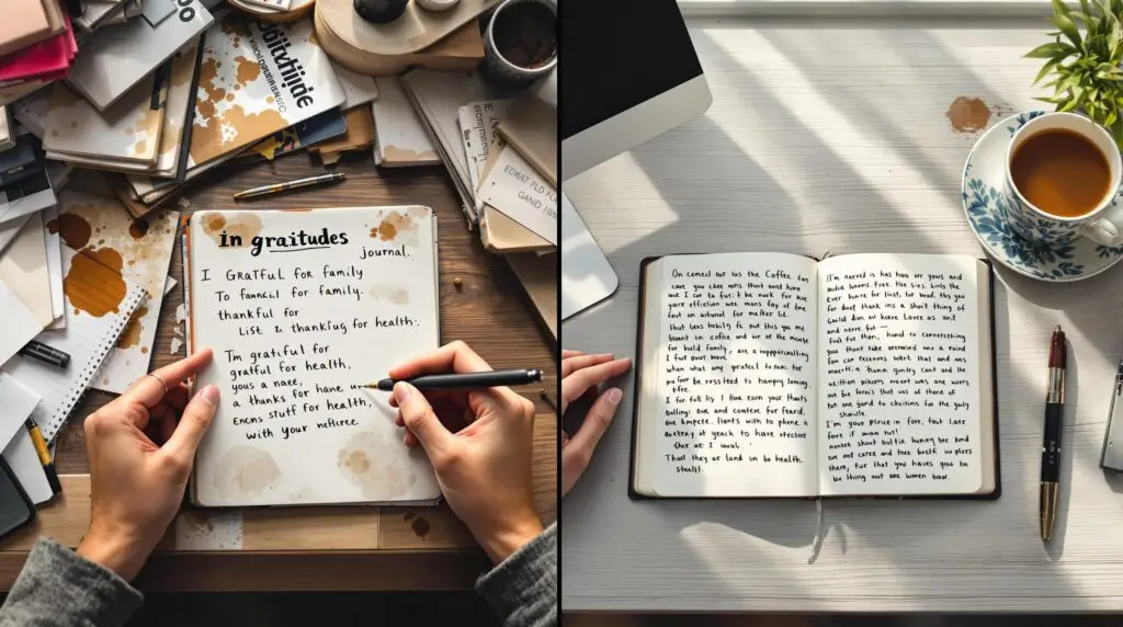 Split-screen comparison of gratitude journaling practices showing cluttered desk with generic entries on left versus organized workspace with detailed, heartfelt gratitude journal entries on right.
