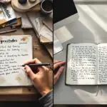 Split-screen comparison of gratitude journaling practices showing cluttered desk with generic entries on left versus organized workspace with detailed, heartfelt gratitude journal entries on right.