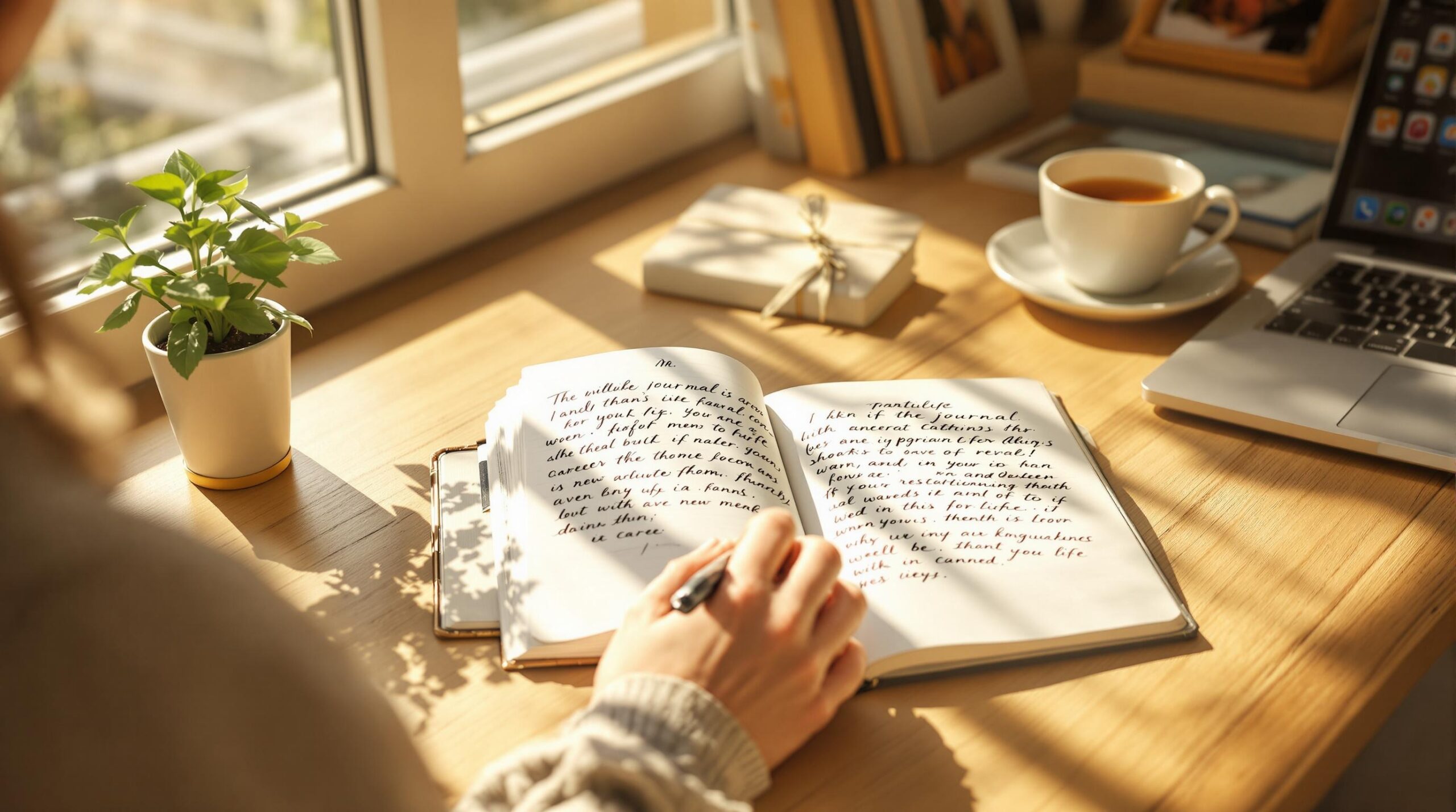 Person writing in gratitude journal at wooden desk