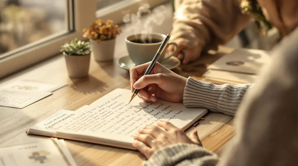 Person writing in gratitude journal at wooden desk by window with morning sunlight, steaming coffee cup, and scattered gratitude journaling examples on desk surface