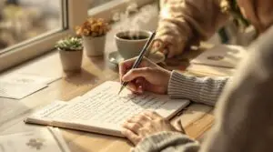 Person writing in gratitude journal at wooden desk by window with morning sunlight, steaming coffee cup, and scattered gratitude journaling examples on desk surface