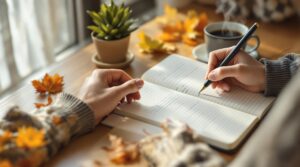 Person's hands writing in an open gratitude journaling notebook on wooden desk with coffee cup, succulent plant, and autumn leaves in warm, cozy setting.