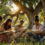 Diverse group of people demonstrating gratitude journaling examples from different cultures, sitting in a circle under an oak tree, each writing with traditional instruments including brush and ink, feather quill, fountain pen, wooden pencil, and bone stylus during golden hour.