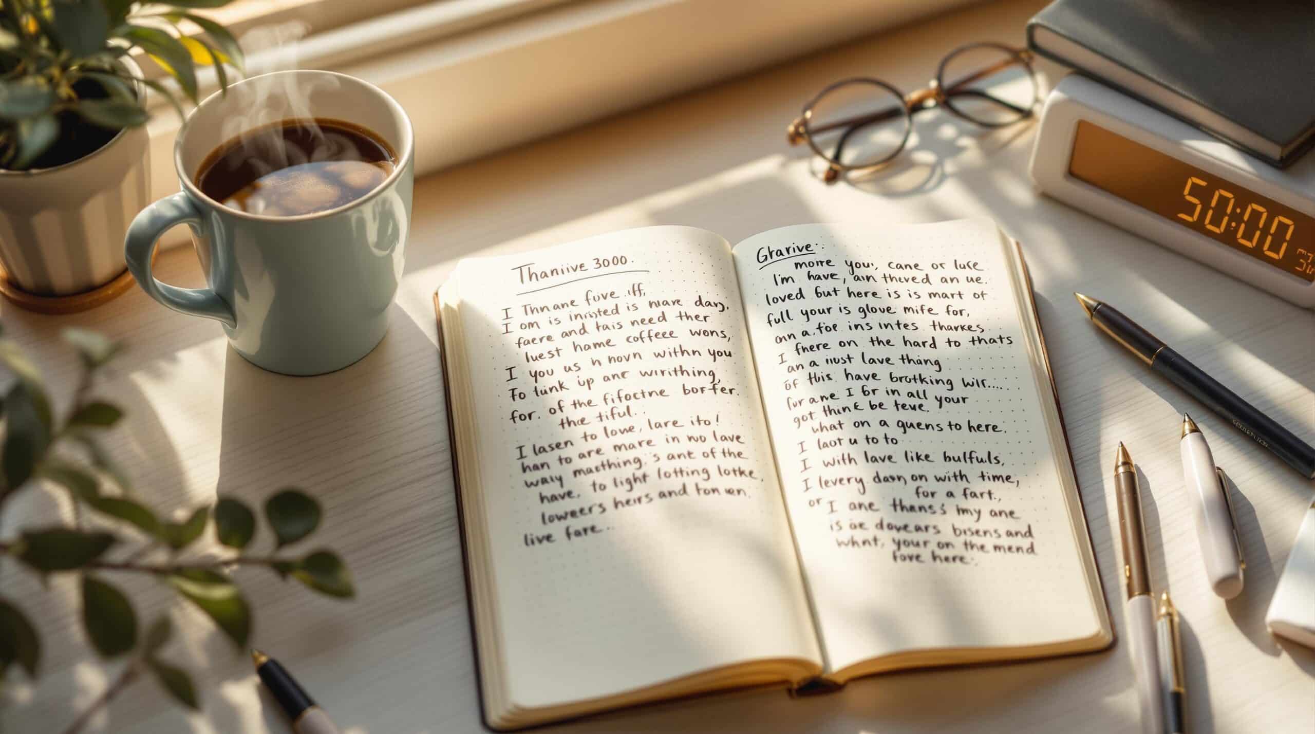 A peaceful workspace showing gratitude journaling examples in an open journal with handwritten entries, accompanied by a steaming coffee cup and digital timer displaying 5:00 and 30:00 minutes in warm morning light.