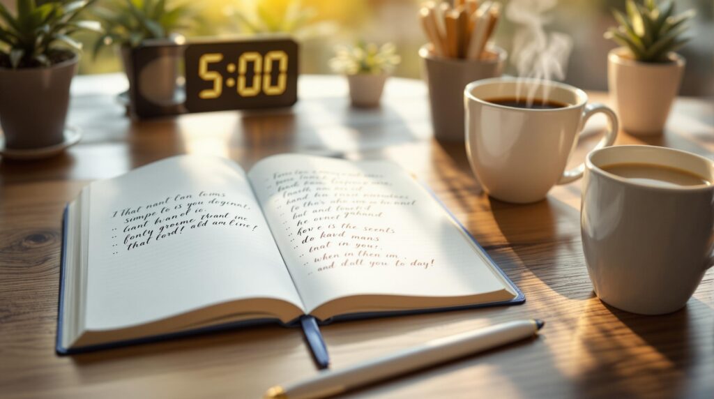 Open gratitude journal on wooden desk showing handwritten gratitude journaling examples in cursive, with steaming coffee cup, digital timer, and soft morning light creating a peaceful workspace scene.