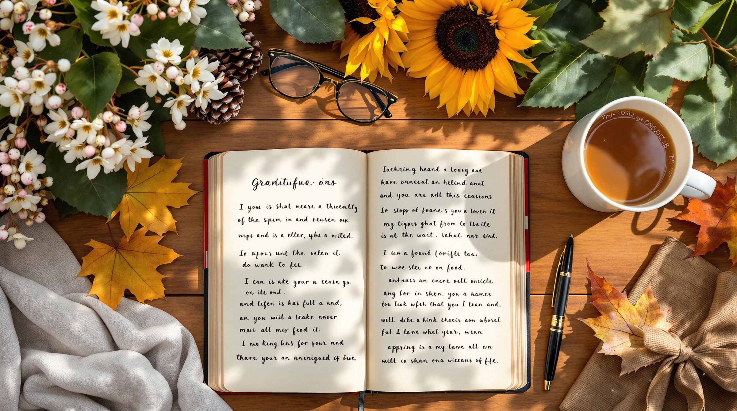 Open gratitude journaling examples displayed in handwritten journal surrounded by seasonal elements including cherry blossoms, sunflowers, maple leaves, and pine cones on wooden surface with tea cup and fountain pen.