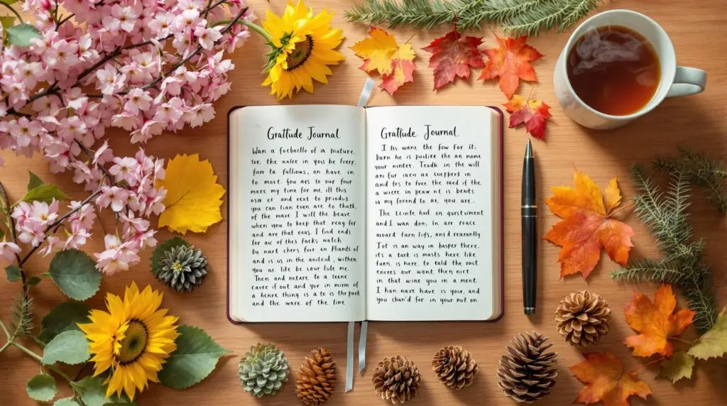 Open gratitude journal with handwritten gratitude journaling examples surrounded by seasonal elements including spring cherry blossoms, summer sunflowers, autumn maple leaves, and winter pine cones, with tea cup and fountain pen on wooden surface.