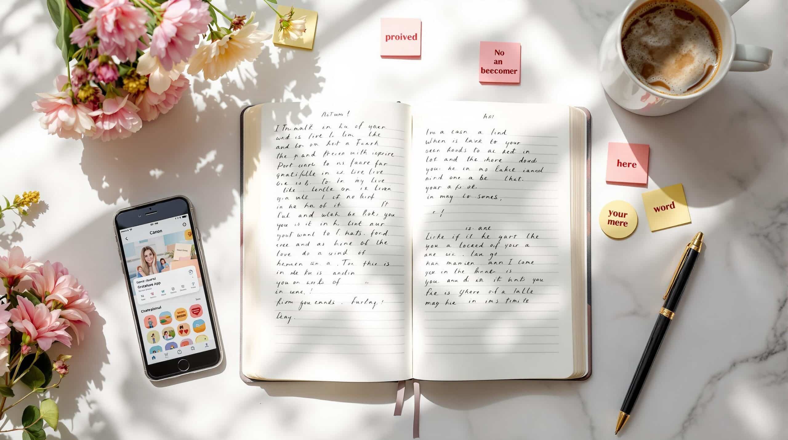 Gratitude journaling essentials on marble surface