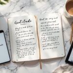 Modern gratitude journaling essentials arranged on white marble surface, featuring open journal with handwritten entries, smartphone with gratitude app, tablet, gold pen, succulent plant, and coffee cup in natural lighting.