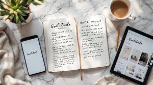 Modern gratitude journaling essentials arranged on white marble surface, featuring open journal with handwritten entries, smartphone with gratitude app, tablet, gold pen, succulent plant, and coffee cup in natural lighting.