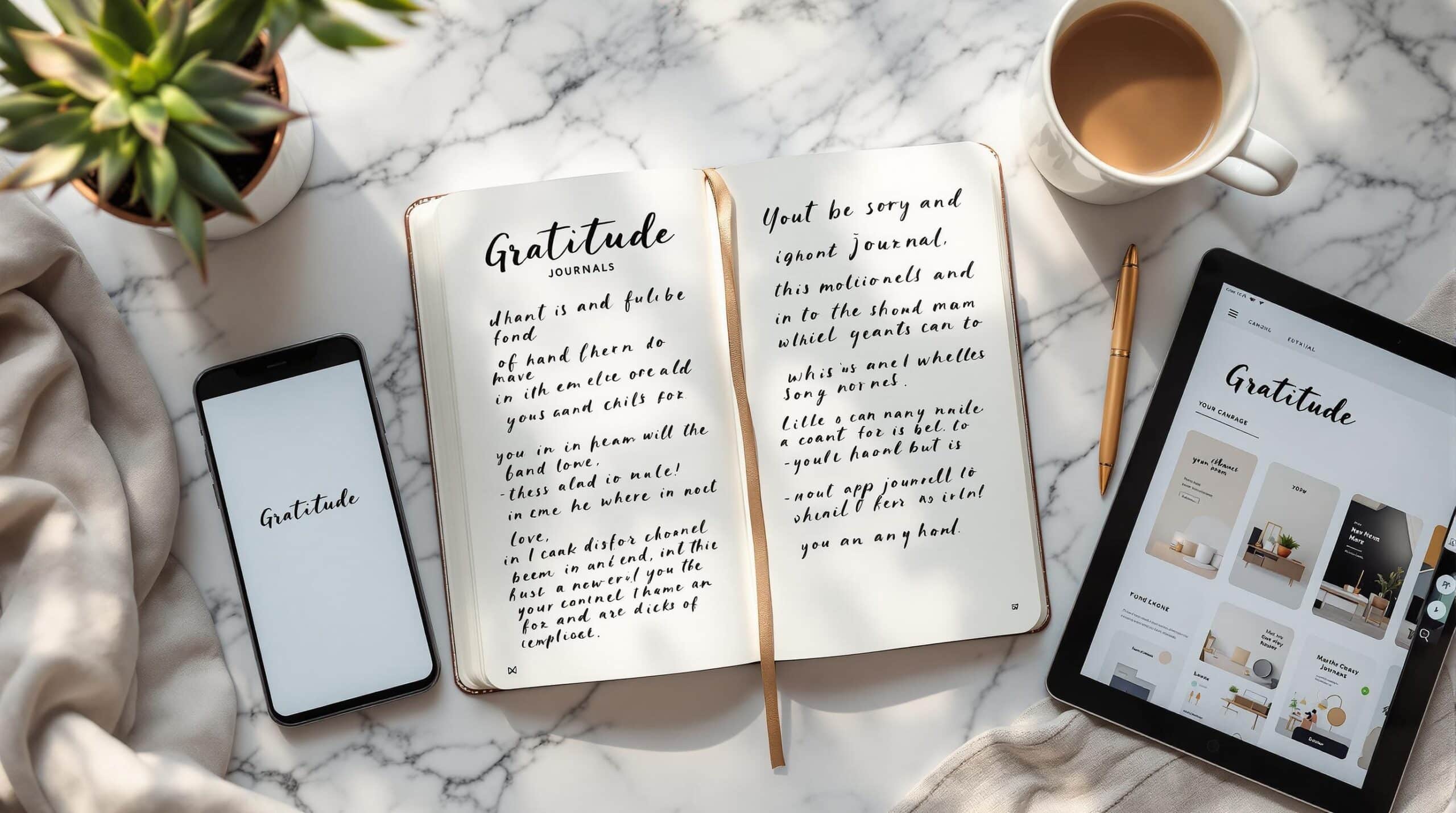 Modern gratitude journaling essentials arranged on white marble surface, featuring open journal with handwritten entries, smartphone with gratitude app, tablet, gold pen, succulent plant, and coffee cup in natural lighting.