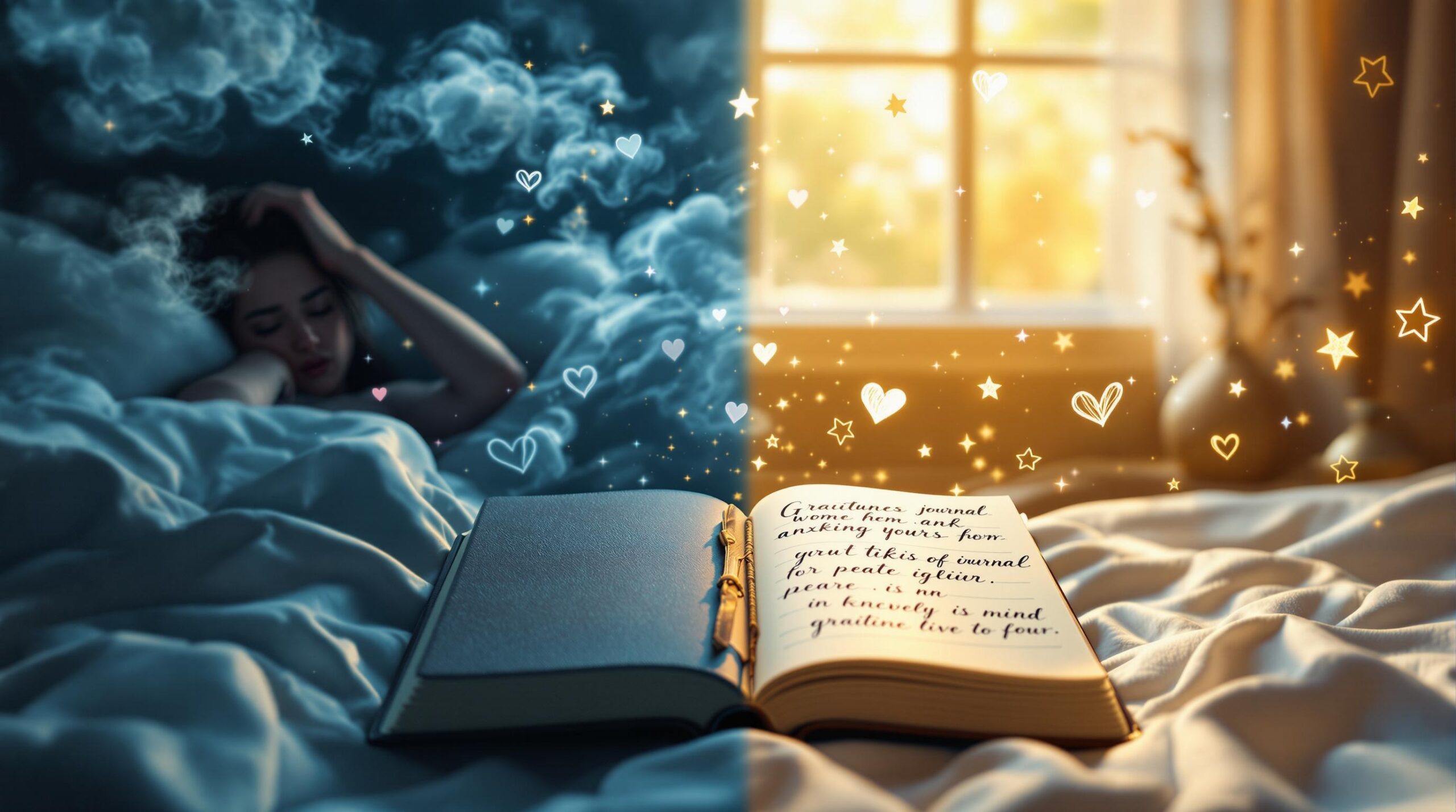 Person writing in gratitude journal with warm lighting