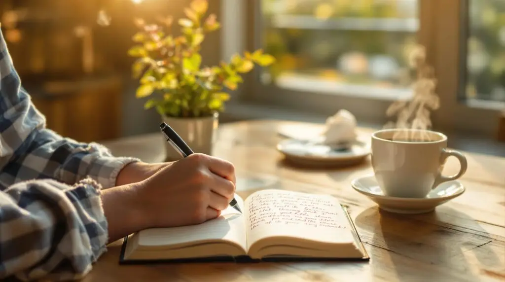 Person peacefully writing gratitude journaling examples in an open journal at a wooden table by a window with warm morning light, coffee cup and plant nearby.
