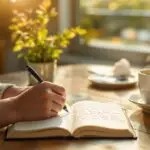 Person peacefully writing gratitude journaling examples in an open journal at a wooden table by a window with warm morning light, coffee cup and plant nearby.