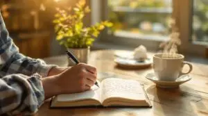 Person peacefully writing gratitude journaling examples in an open journal at a wooden table by a window with warm morning light, coffee cup and plant nearby.