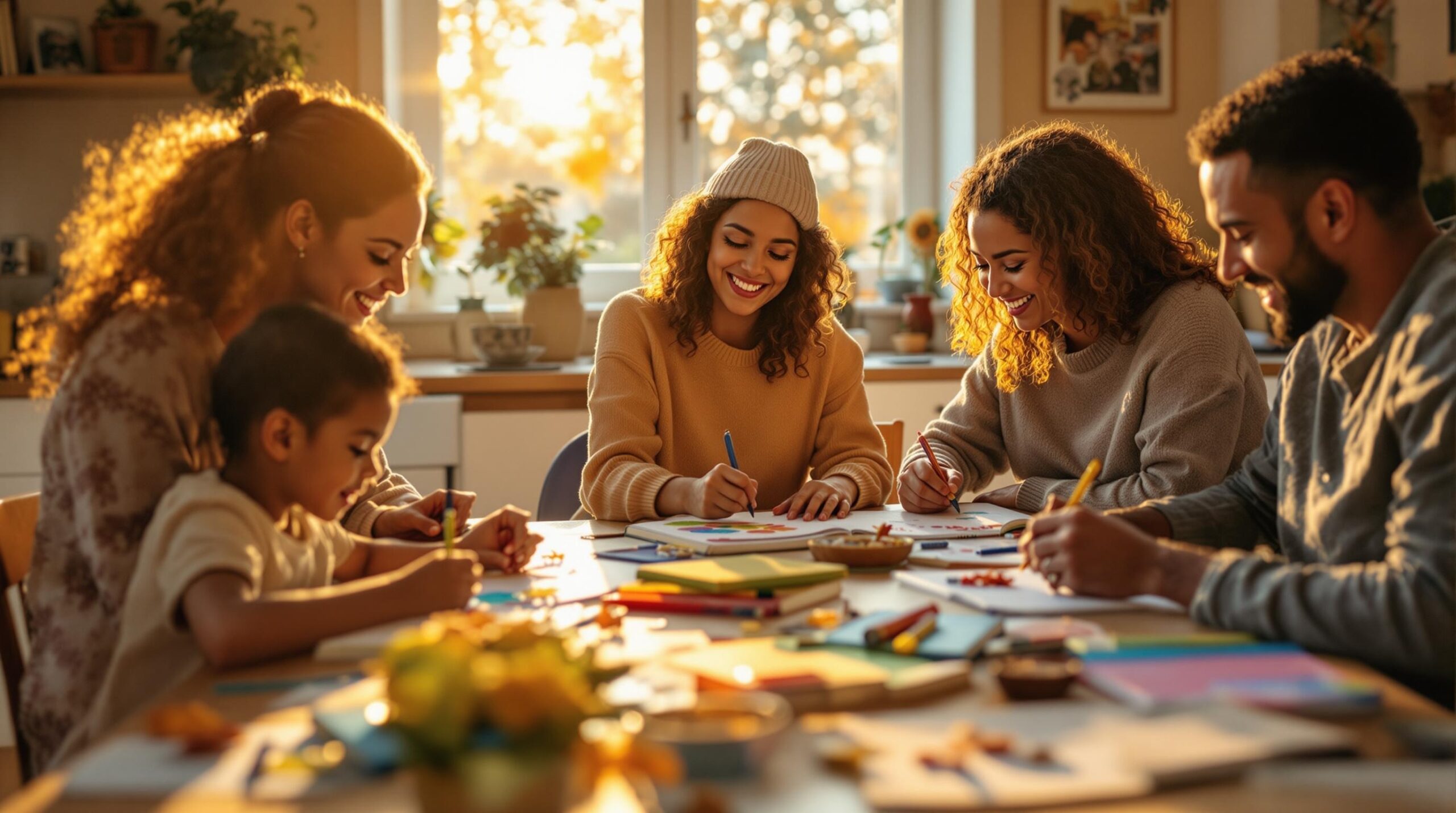 Family gratitude journaling session with children and parents