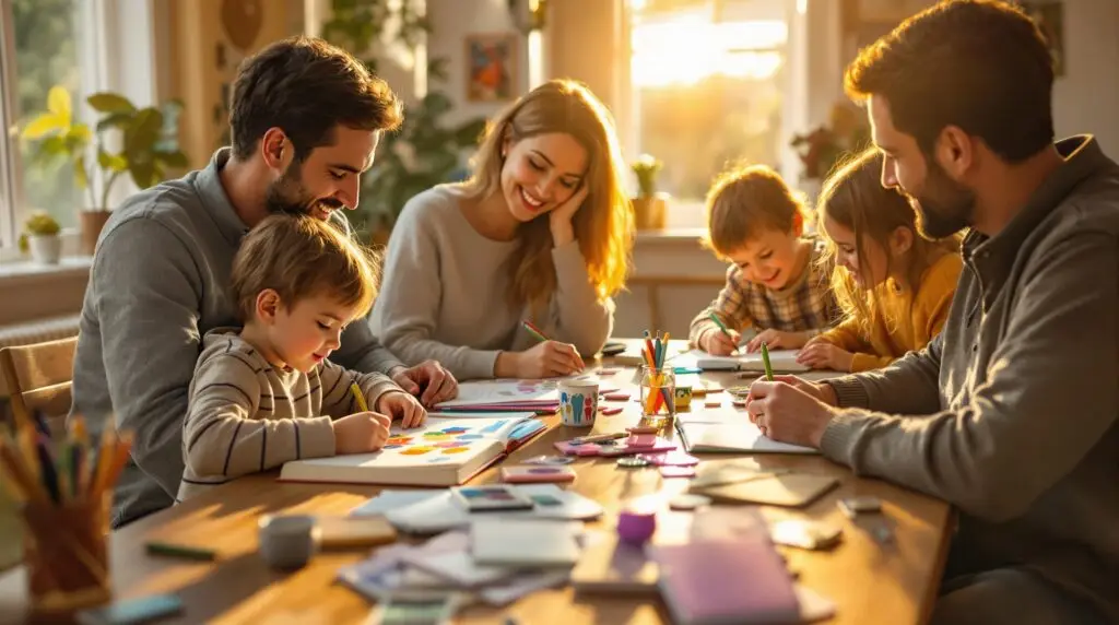 Family with parents and children of various ages gathered around wooden table engaged in gratitude journaling activities, with colorful journals and art supplies in warm golden hour lighting.