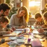 Family with parents and children of various ages gathered around wooden table engaged in gratitude journaling activities, with colorful journals and art supplies in warm golden hour lighting.