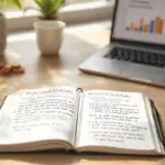 Open gratitude journal displaying gratitude journaling examples on wooden desk with laptop, coffee cup, and plant in serene workspace setting with natural lighting.