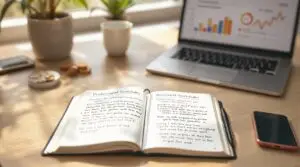 Open gratitude journal displaying gratitude journaling examples on wooden desk with laptop, coffee cup, and plant in serene workspace setting with natural lighting.