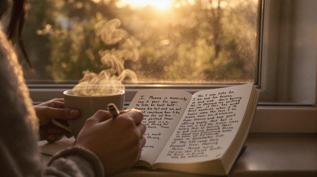 Person journaling by a window at sunrise with a steaming cup of tea, writing on pages with morning prompts visible.