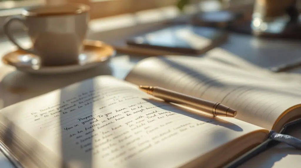 An open journal with journal prompts on a sunlit desk with a pen and coffee cup, creating a peaceful morning journaling scene