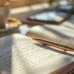 An open journal with journal prompts on a sunlit desk with a pen and coffee cup, creating a peaceful morning journaling scene