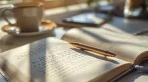 An open journal with journal prompts on a sunlit desk with a pen and coffee cup, creating a peaceful morning journaling scene