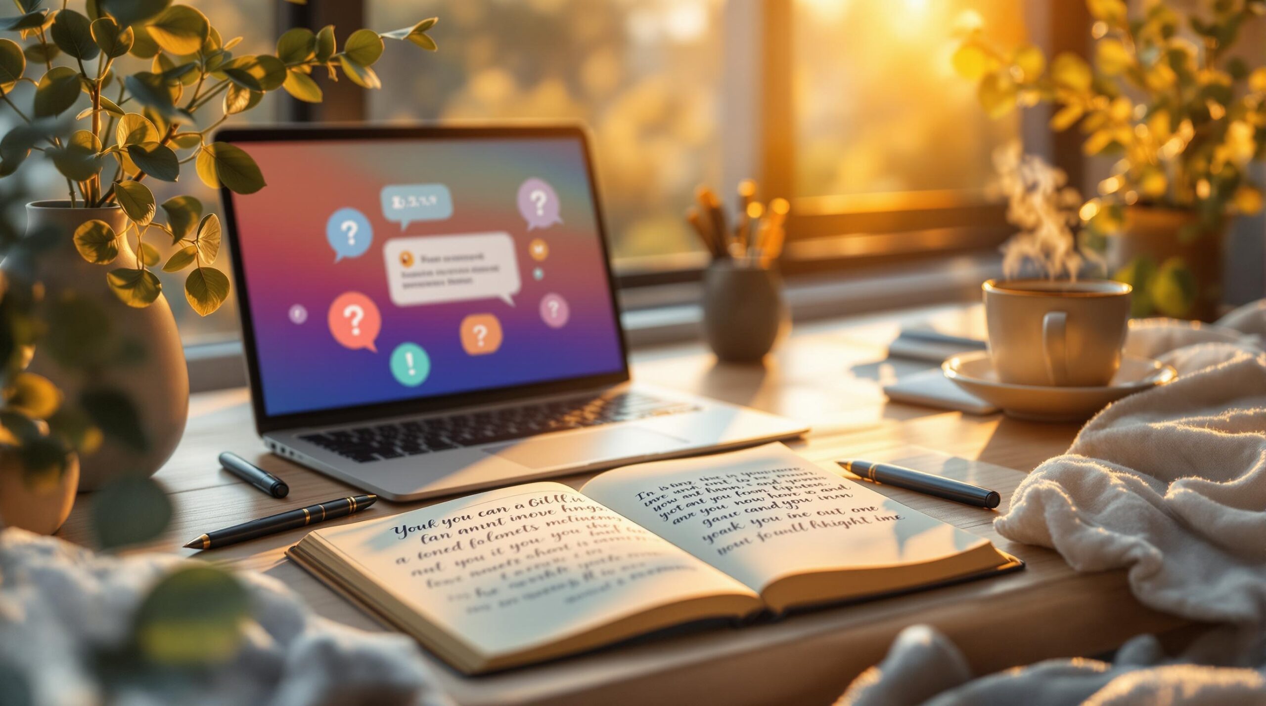 Modern workspace with open journal, laptop displaying journaling prompts generator interface with colorful question bubbles, fountain pens, coffee cup, and eucalyptus branches on wooden desk in golden hour lighting.