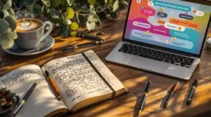 Modern workspace with open leather journal, fountain pens, and laptop displaying a colorful journaling prompts generator interface with floating question bubbles, set on wooden desk with coffee and eucalyptus in warm golden lighting.