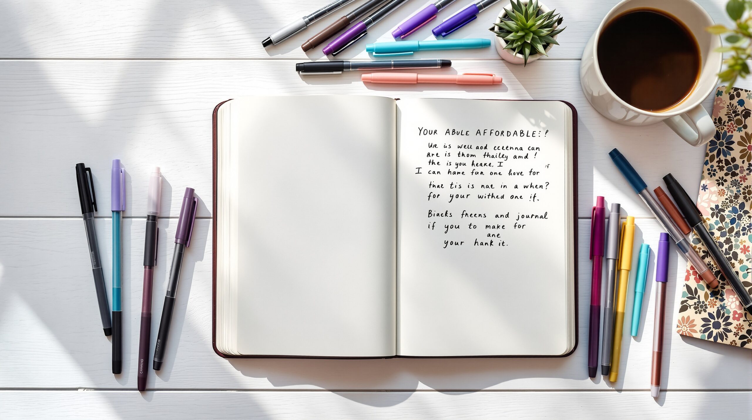Best pens for journaling arranged around open journal on desk
