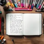 Open journal with handwritten text surrounded by the best pens for journaling including colorful gel pens, ballpoint pens, and fine-tip markers arranged on wooden desk surface in flat lay style.