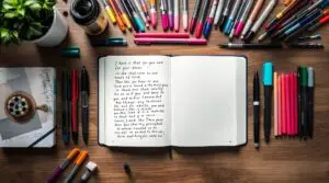Open journal with handwritten text surrounded by the best pens for journaling including colorful gel pens, ballpoint pens, and fine-tip markers arranged on wooden desk surface in flat lay style.
